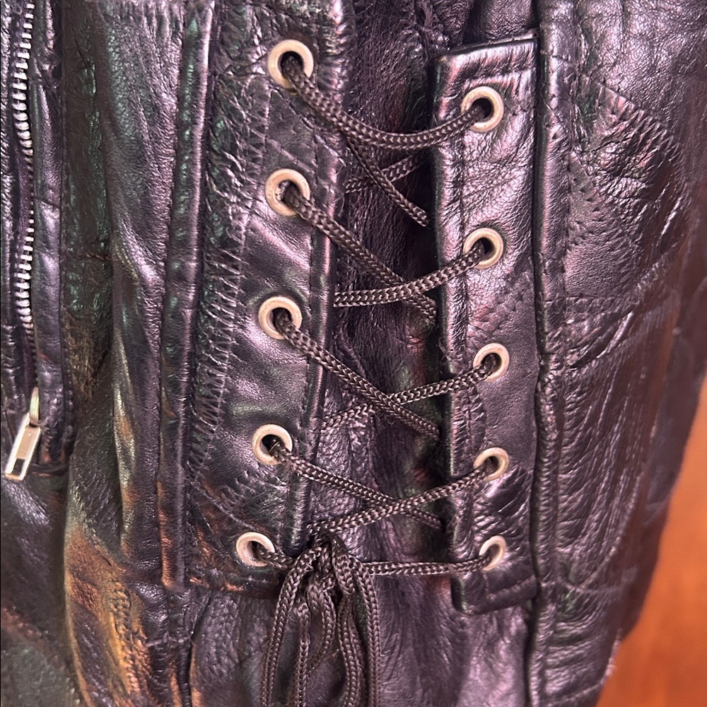 80s Black Leather Patchwork Motorcycle Jacket XL - image 4